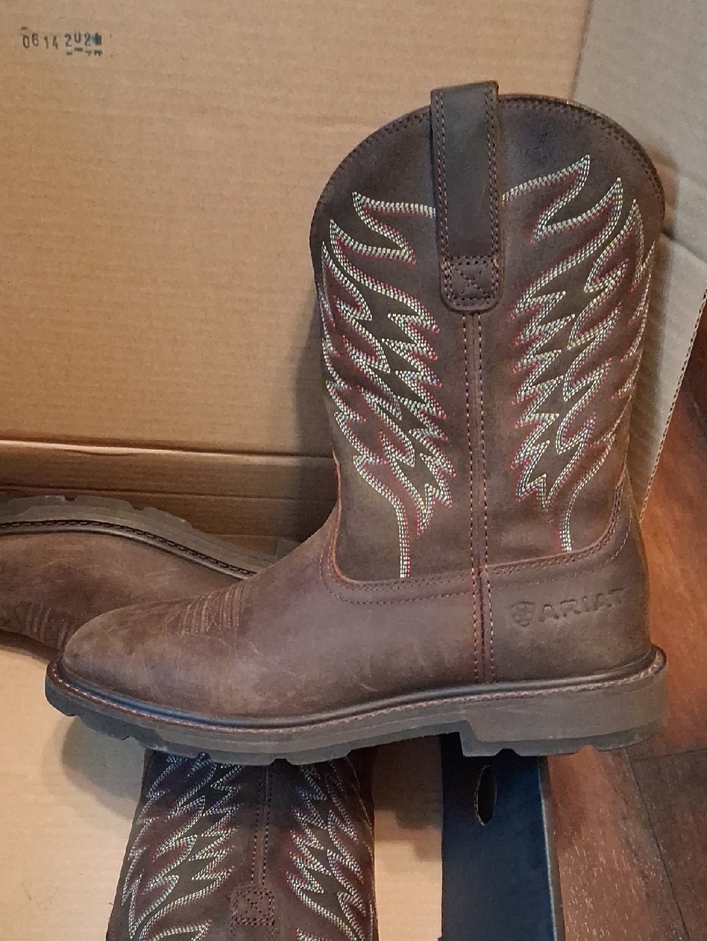 Ariat Brown Leather Western Work Boots with Embroidered Shaft